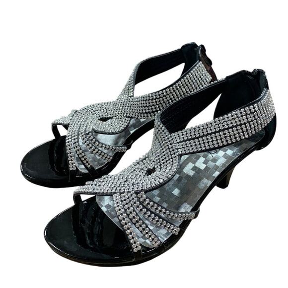 Delicacy Womens Size 9 Silver Rhinestone on Shiny Black Open Toe 3" Heel Shoes - Picture 2 of 6